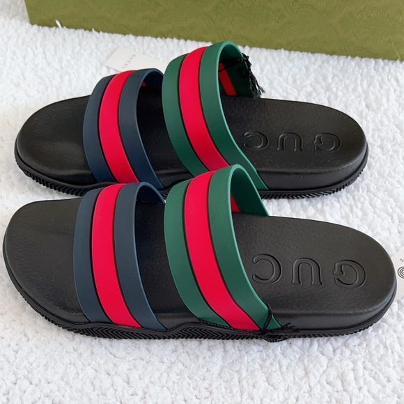 Authentic Gucci Men's Agrado Rubber Double Strap Stripe Slides Sandals - Picture 4 of 16
